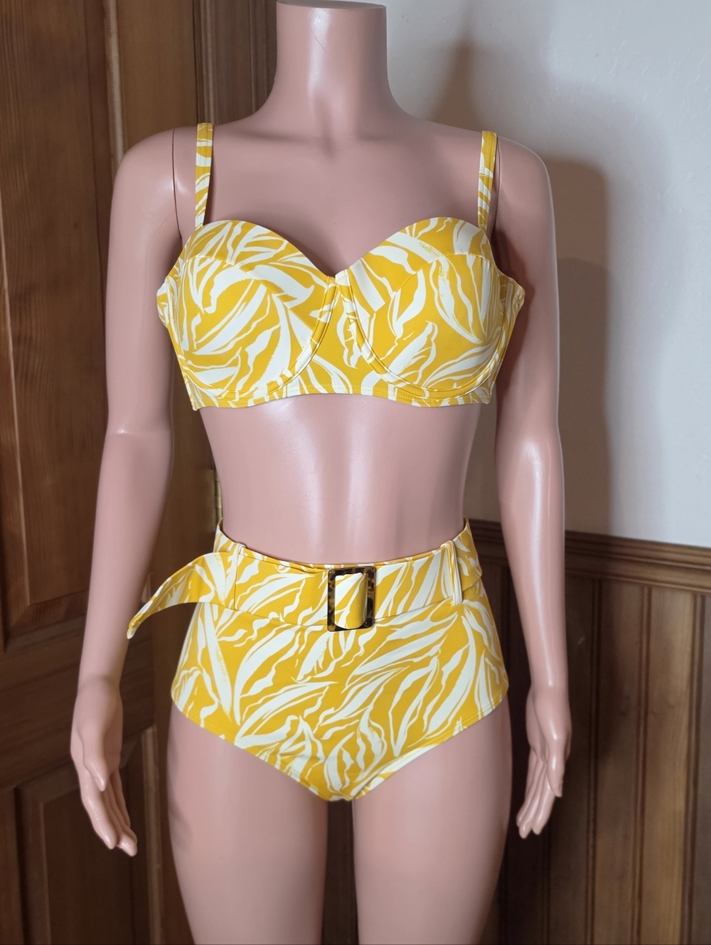 NWT Boden Mustard and White Leaf Bikini Top & Bottom 12 38C